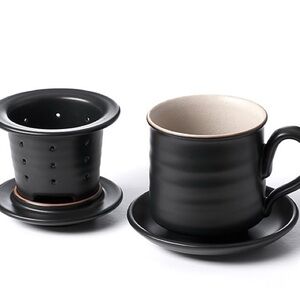 Lin’s Ceramics Studio Black Ceramic Coffee Set with Saucer NIB (box is damaged)